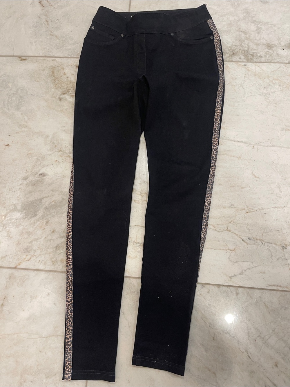 Black Women's Skinny Jeans with Leopard Side Stripe